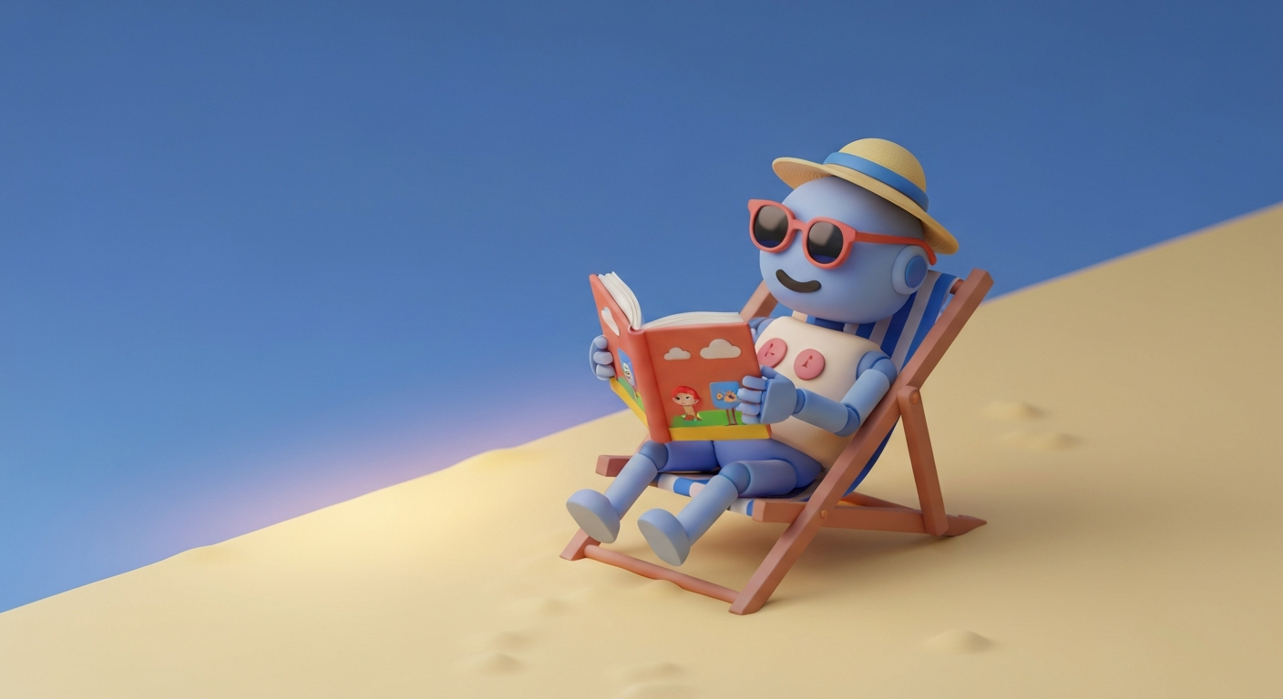 A robot relaxing on a beach, reading a book, sunset