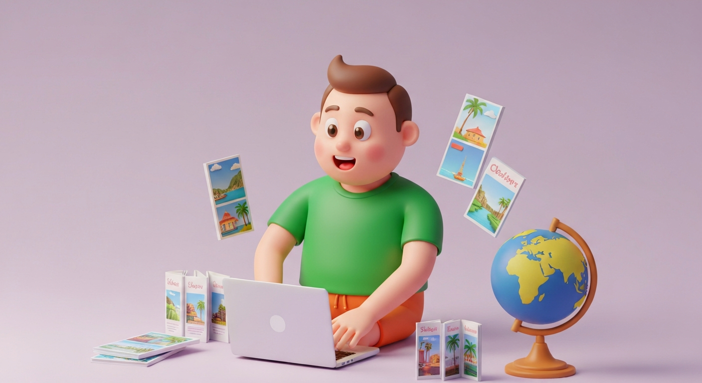 Cute 3D clay style, a man happily planning a family trip on a laptop, surrounded by travel brochures , a globe, pastel colors