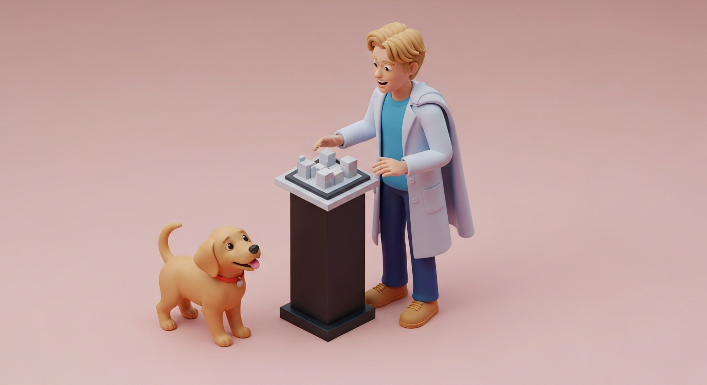 A person happily finishing a presentation while their dog watches