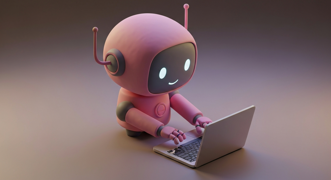 A robot typing on a laptop, minimalist style