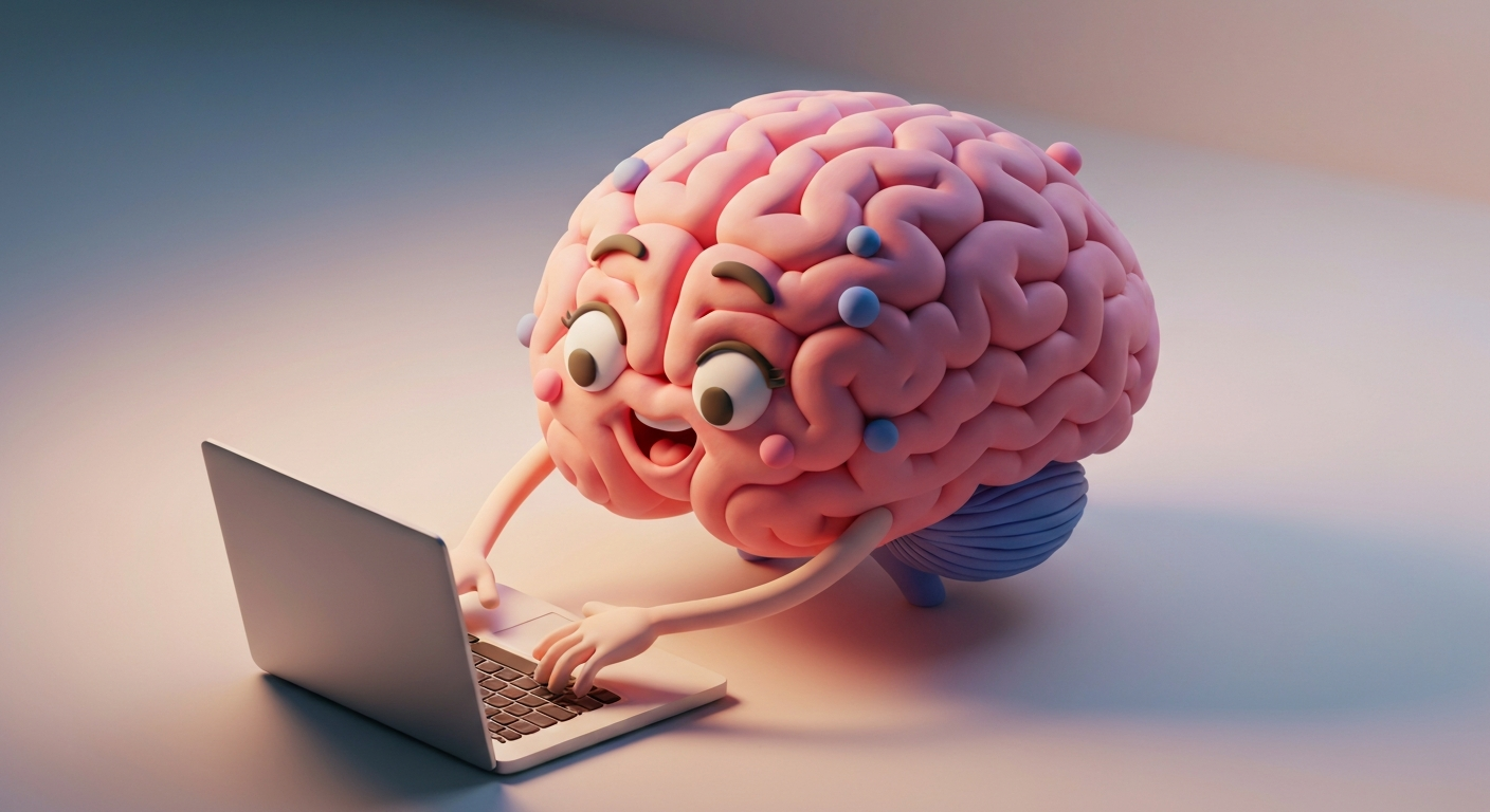 A cartoon brain happily using a laptop to access information.