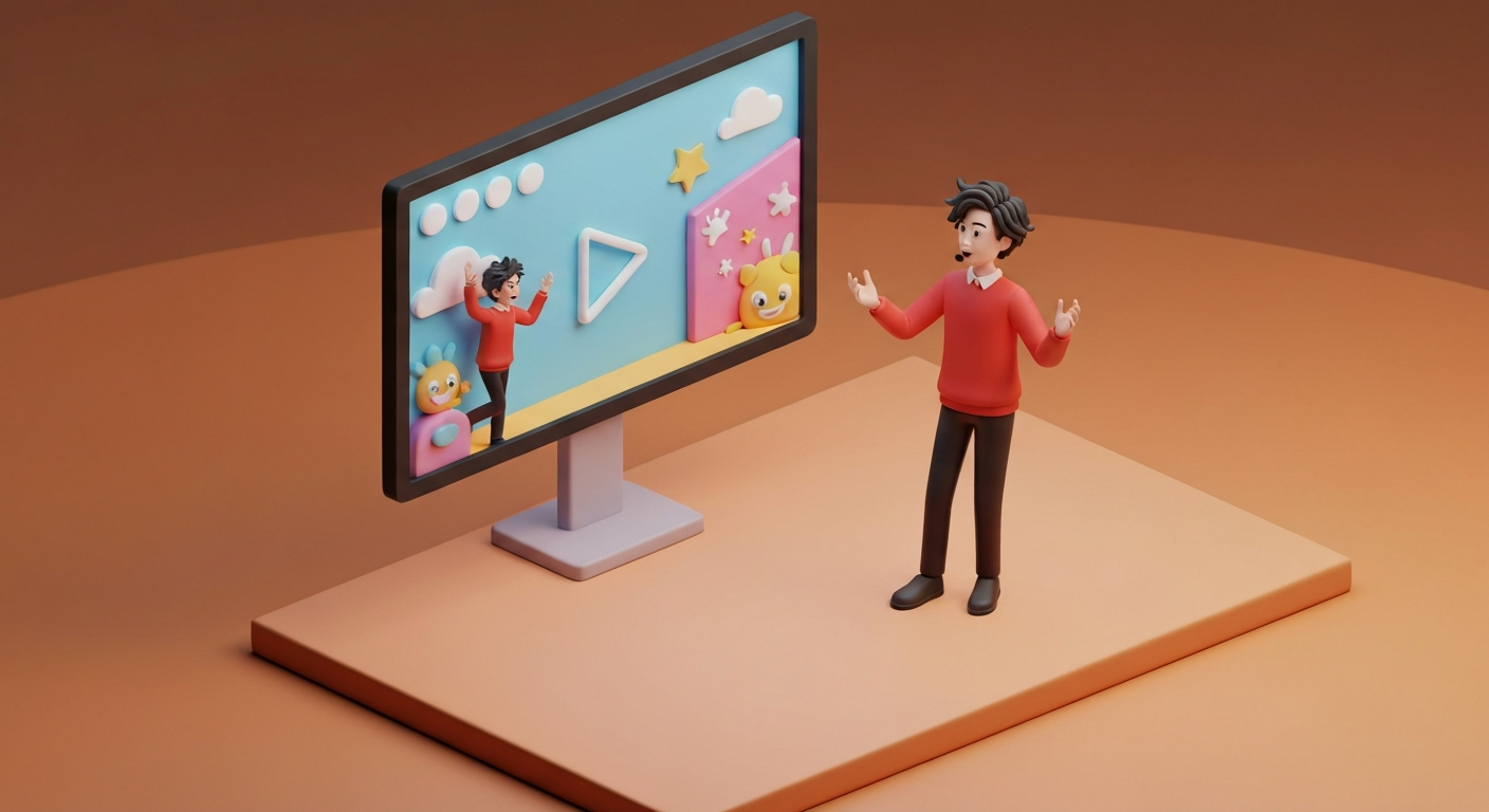 A person giving a presentation on a stage, with a dynamic video playing on the screen behind them