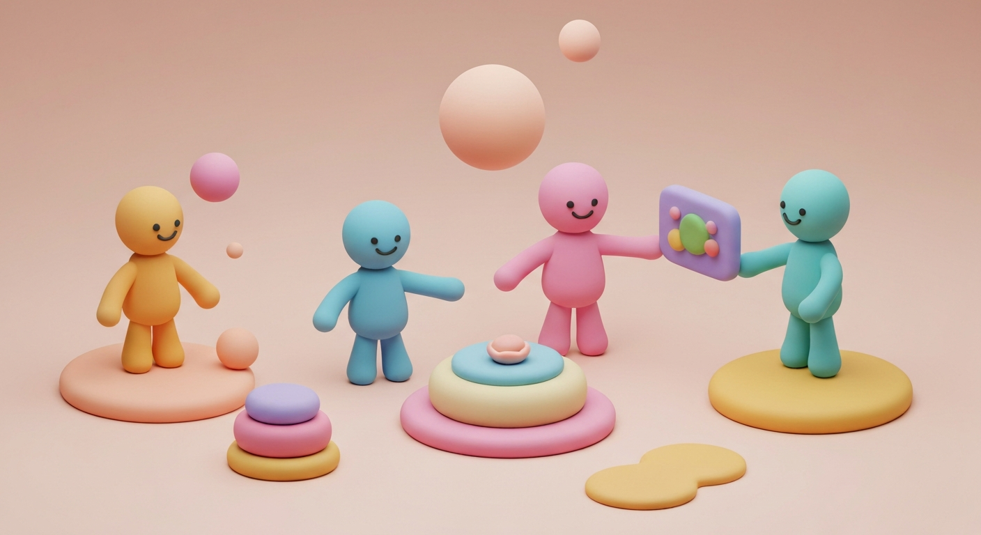 3D clay illustration, a tired businessman overwhelmed by paperwork transforms into a relaxed dad playing with his kids, vibrant pastel colors