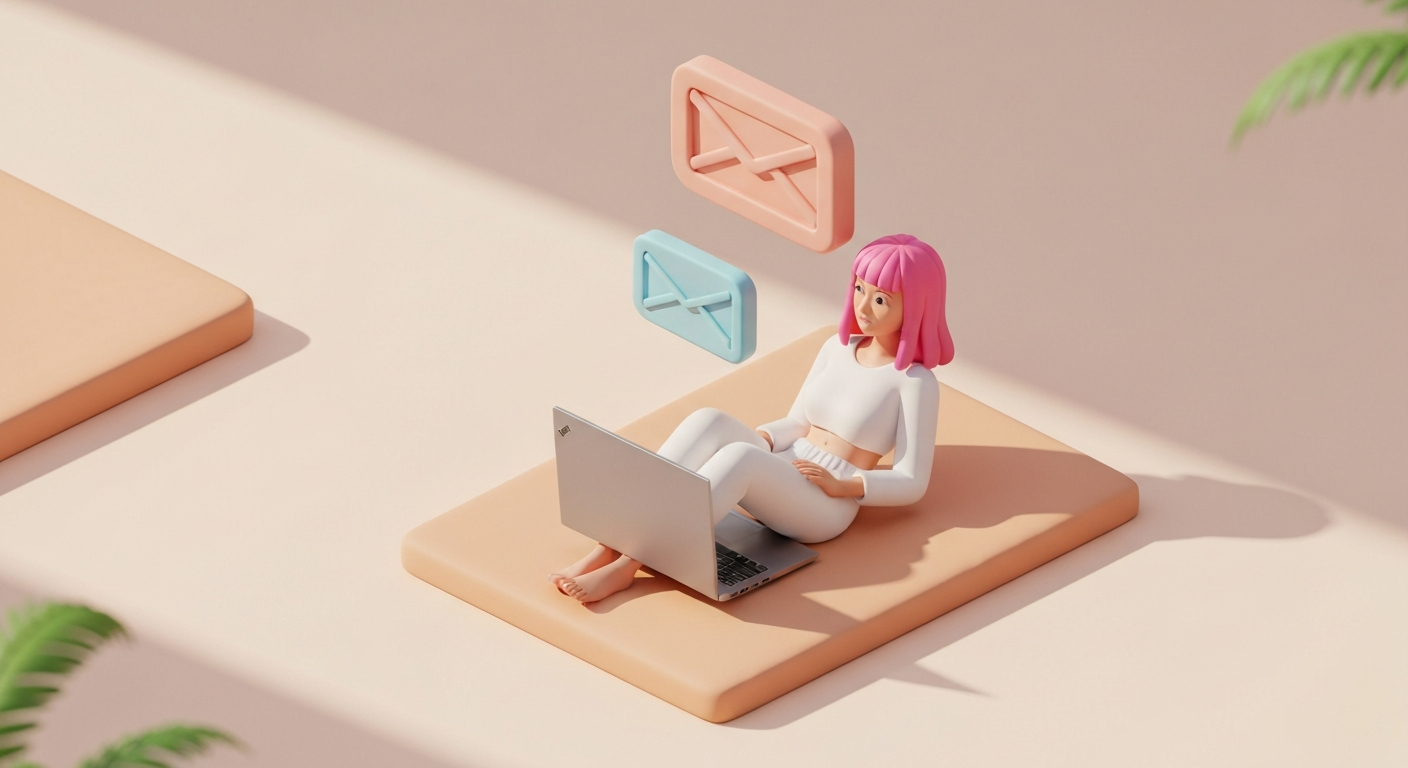 A person relaxing on a beach with a laptop, email icon floating above