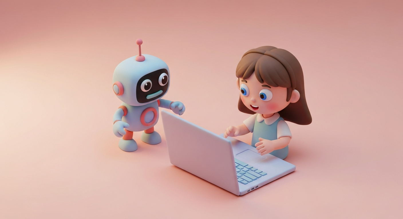 Cute 3D clay style, robot , little girl are happily editing a video together on a laptop, pastel colors