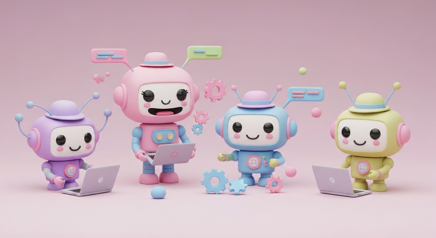 Cute 3D clay style, a robot working efficiently on a laptop, surrounded by floating gears , data streams, pastel colors