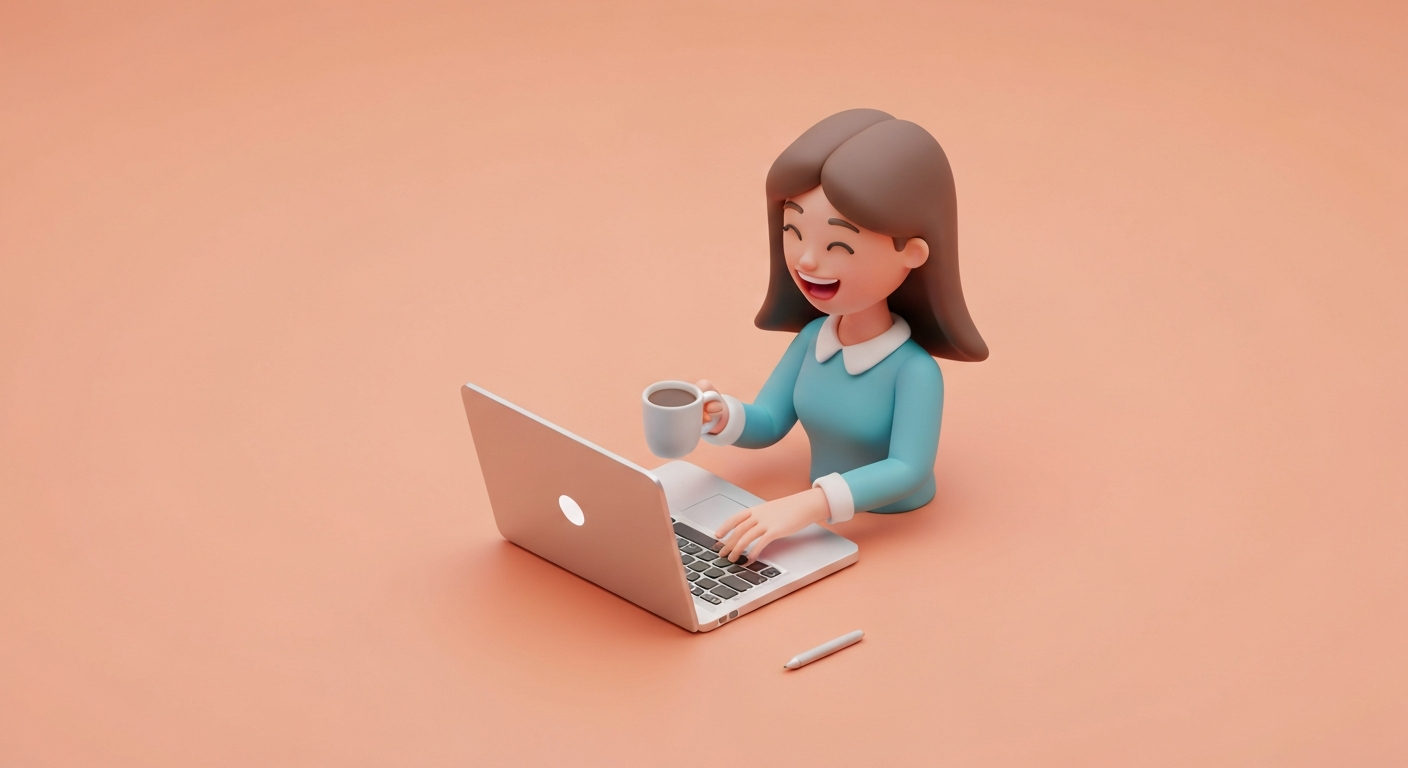 A woman happily working on a spreadsheet on her laptop with a cup of coffee