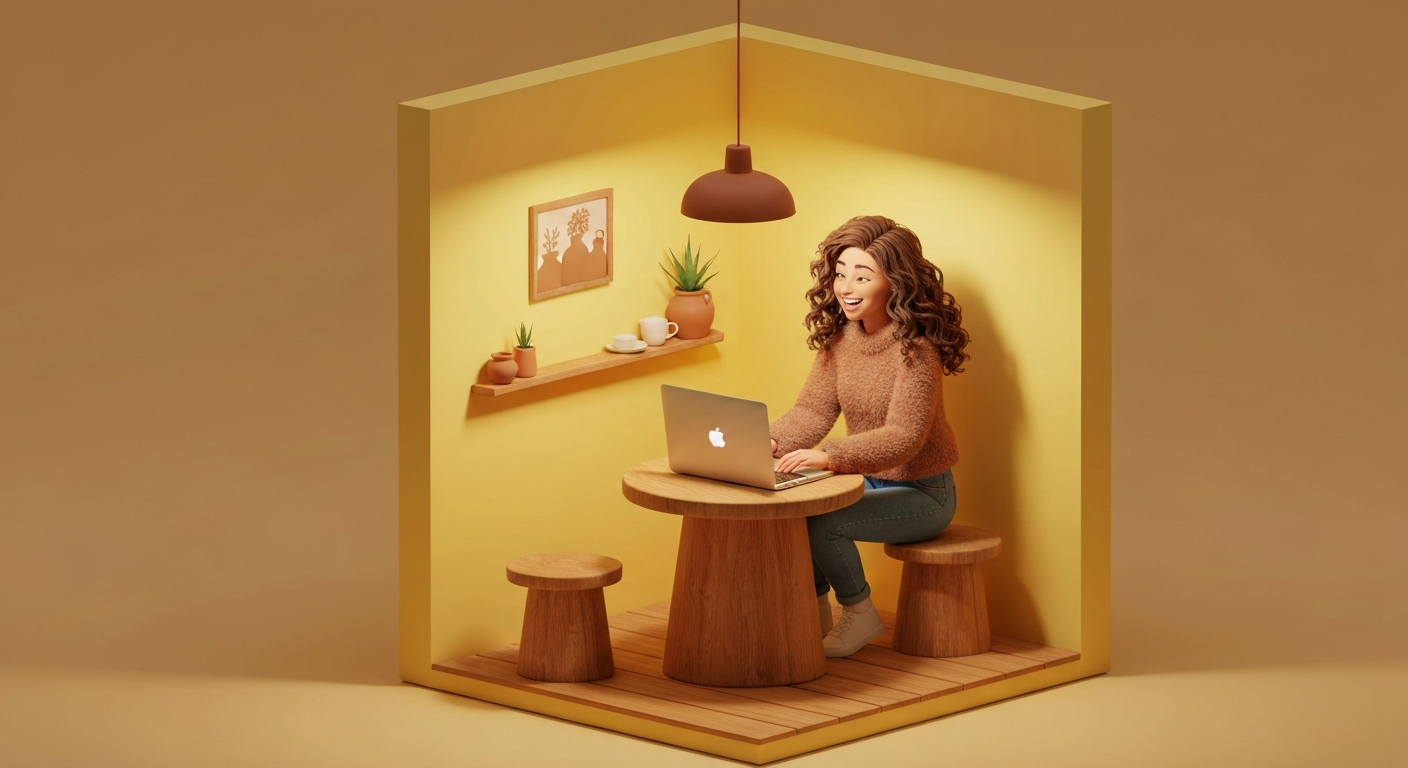 A person happily working on a laptop at a cozy cafe