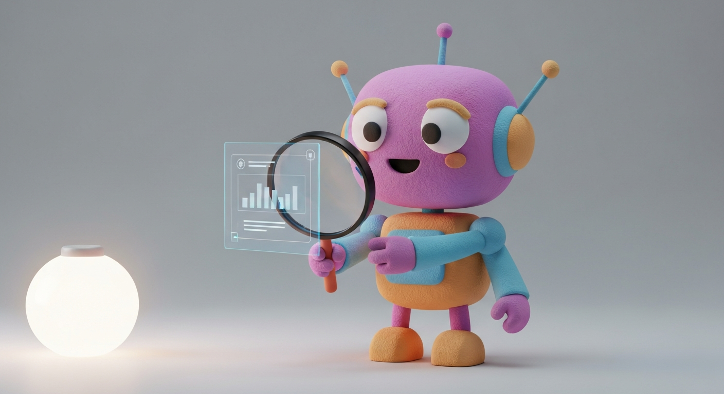 Cute 3D clay style, a robot checking the reliability of information with a magnifying glass, pastel colors