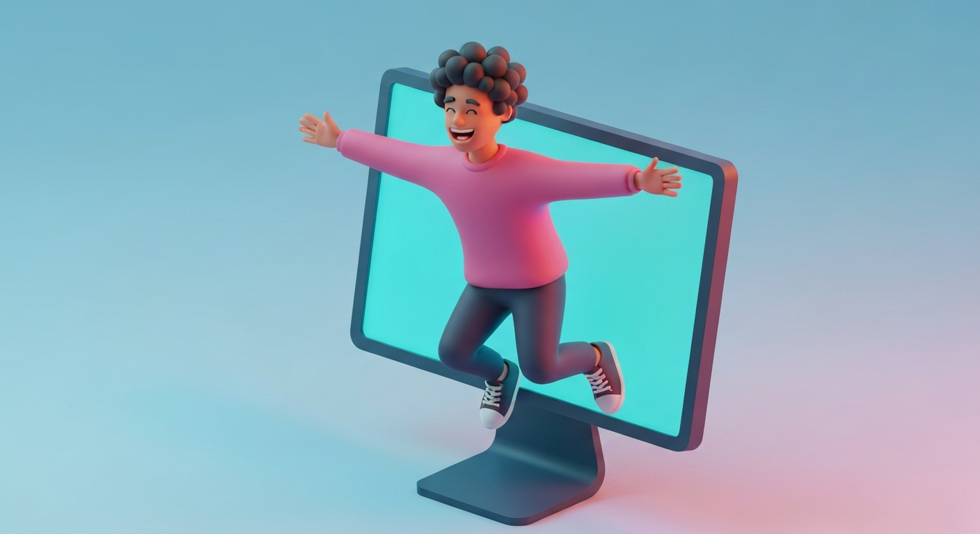 A person happily jumping out of a computer screen, symbolizing freedom , excitement, in a vibrant , dynamic digital art style.