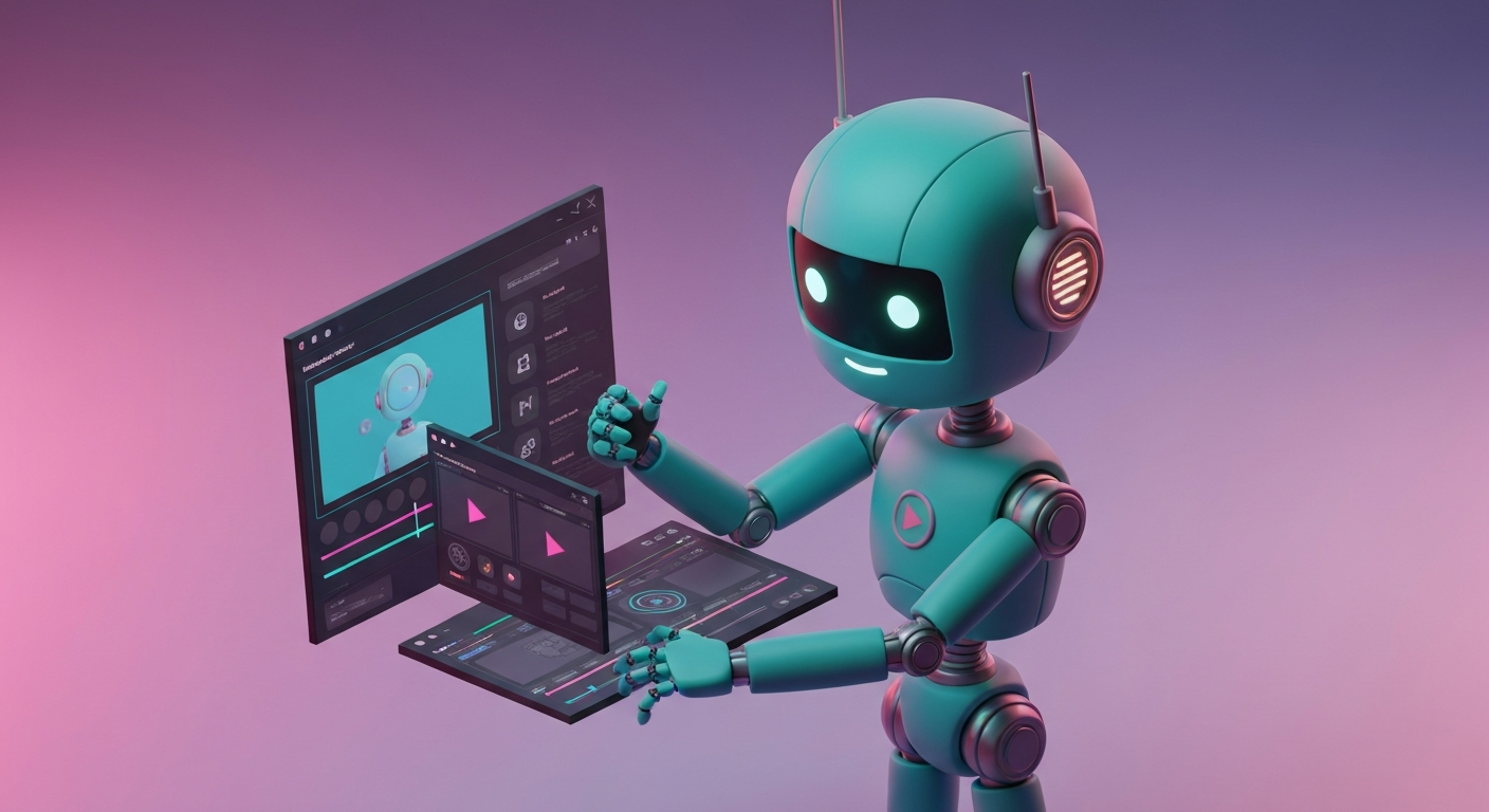 A robot working on a video editing interface, with floating windows , futuristic design