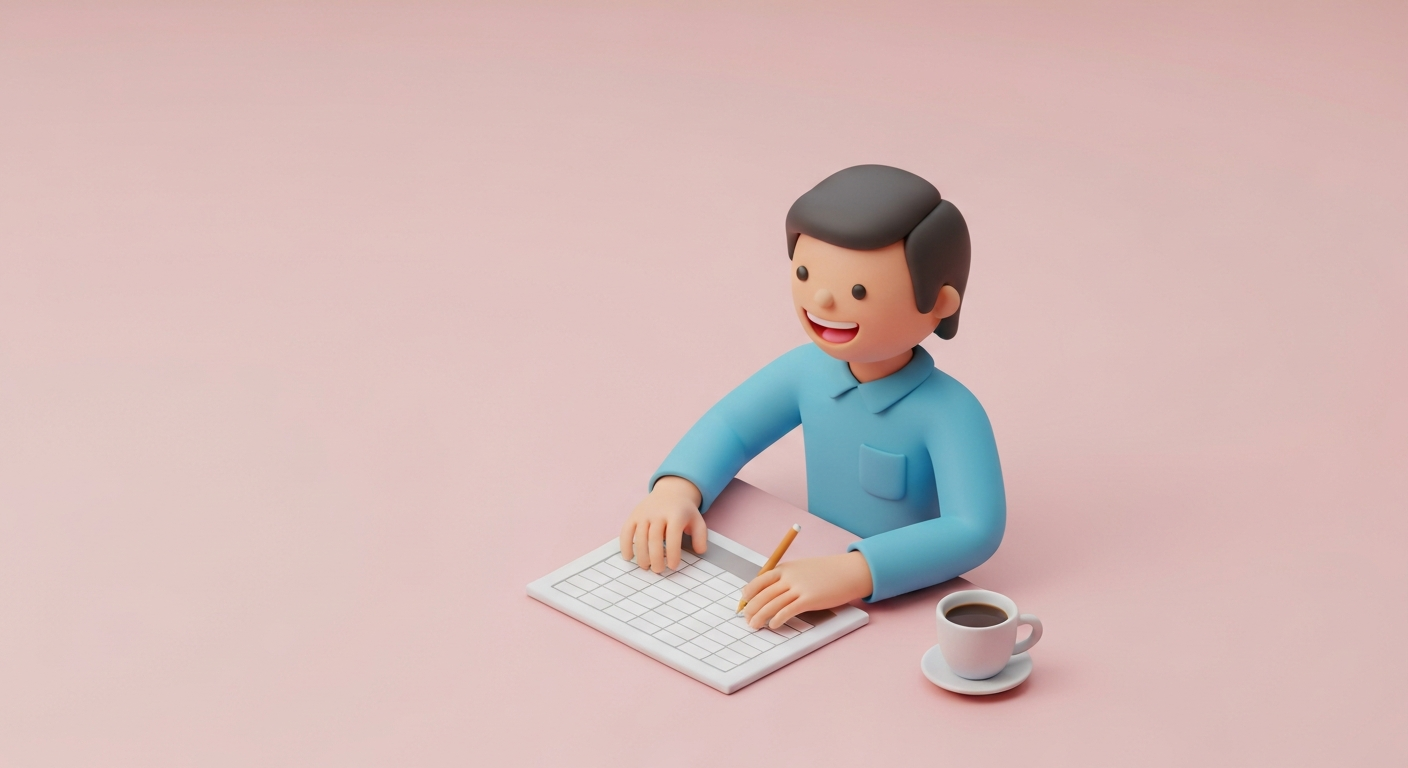 A person happily working on a spreadsheet with a cup of coffee beside them