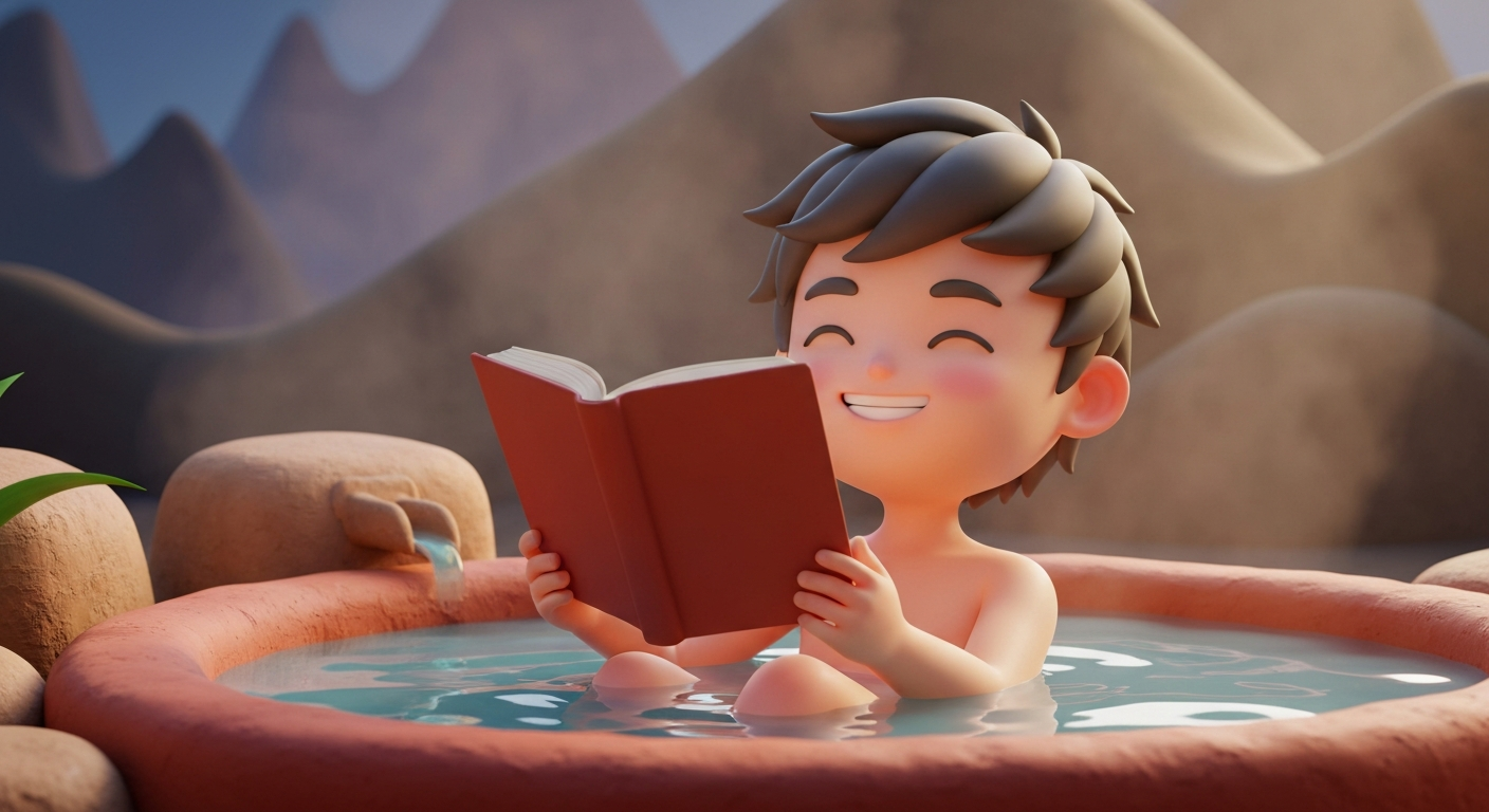 A person happily reading a book while relaxing in a hot spring.