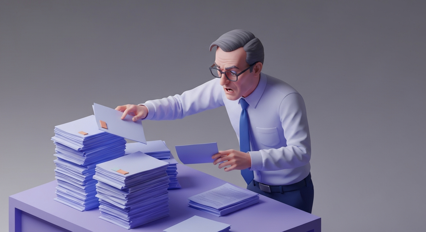 A busy office worker frantically searching through piles of documents