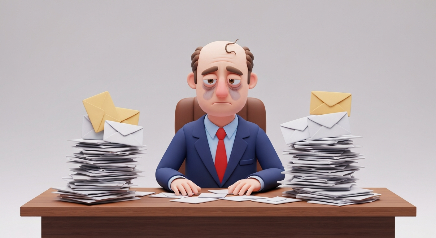 A tired businessman sitting at his desk with a mountain of emails.