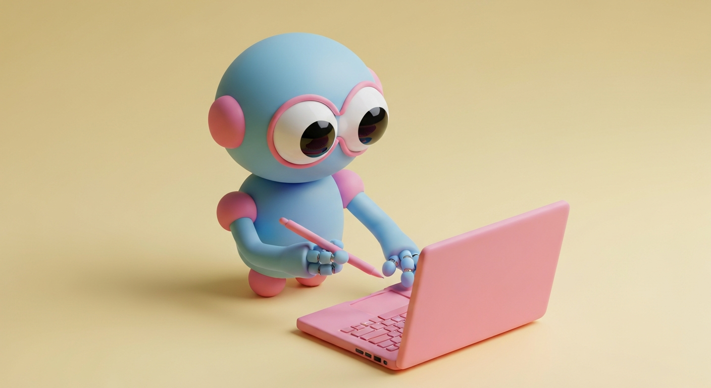 Cute 3D clay style, a robot writing a blog post on a laptop, pastel colors