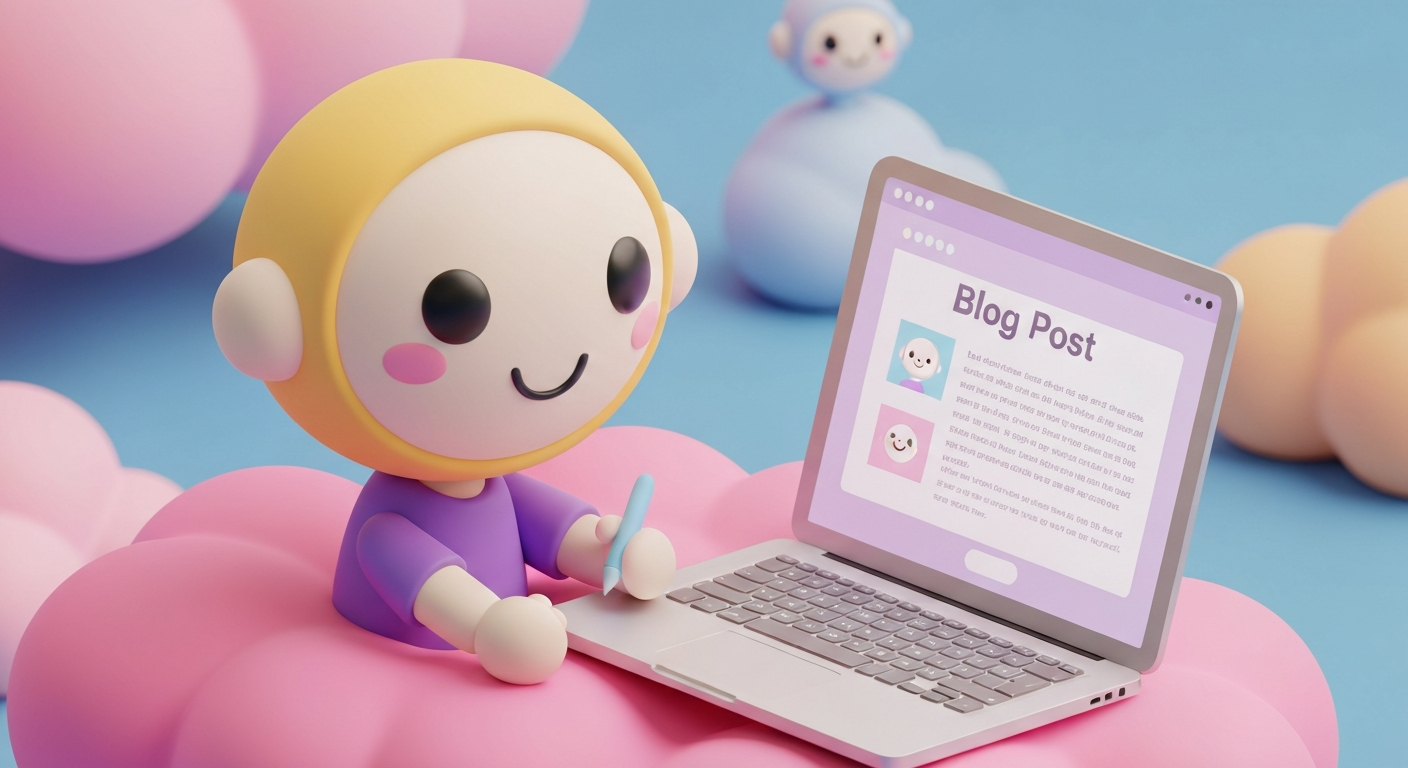 Cute 3D clay style, a robot writing a blog post on a laptop, pastel colors