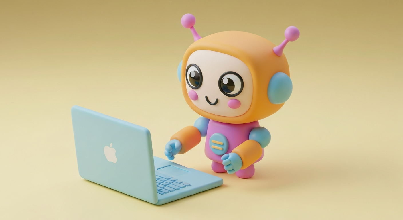 Cute 3D clay style, a robot answering questions on a laptop, pastel colors