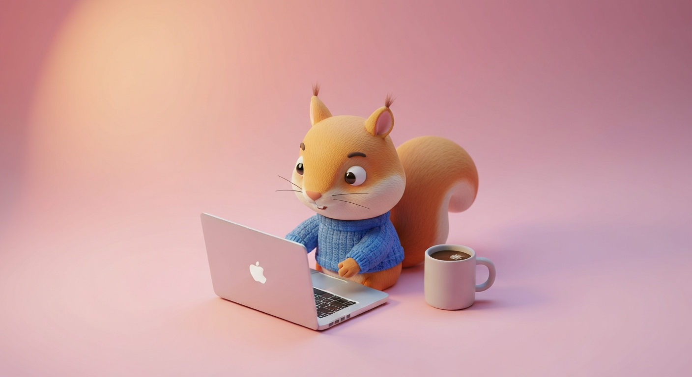 Cute 3D clay style, a squirrel typing on a laptop with a cup of coffee, pastel colors