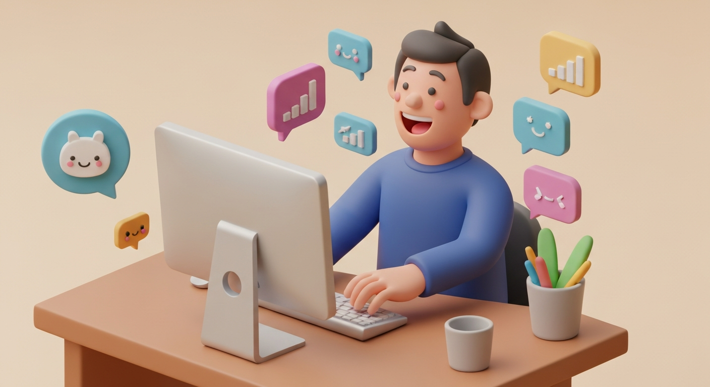 A person happily working on a computer, surrounded by icons representing data , Slack messages