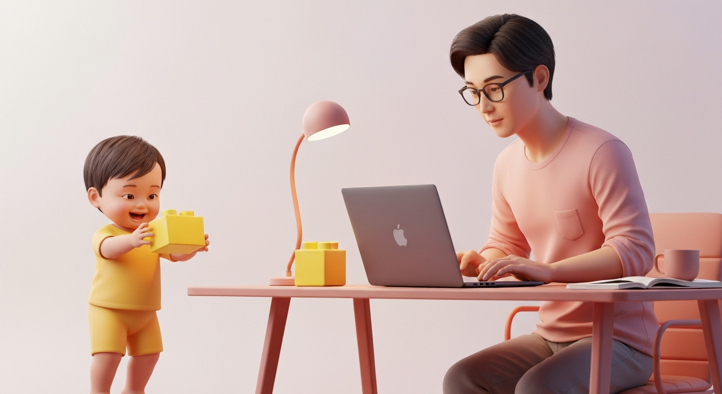 A busy parent working on a laptop while their child plays nearby, digital art