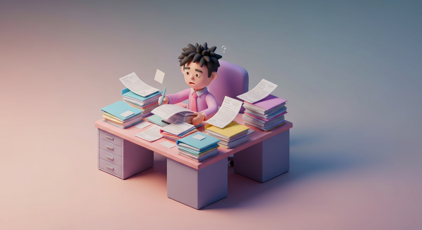 Cute 3D clay style, a stressed office worker overwhelmed by paperwork, pastel colors