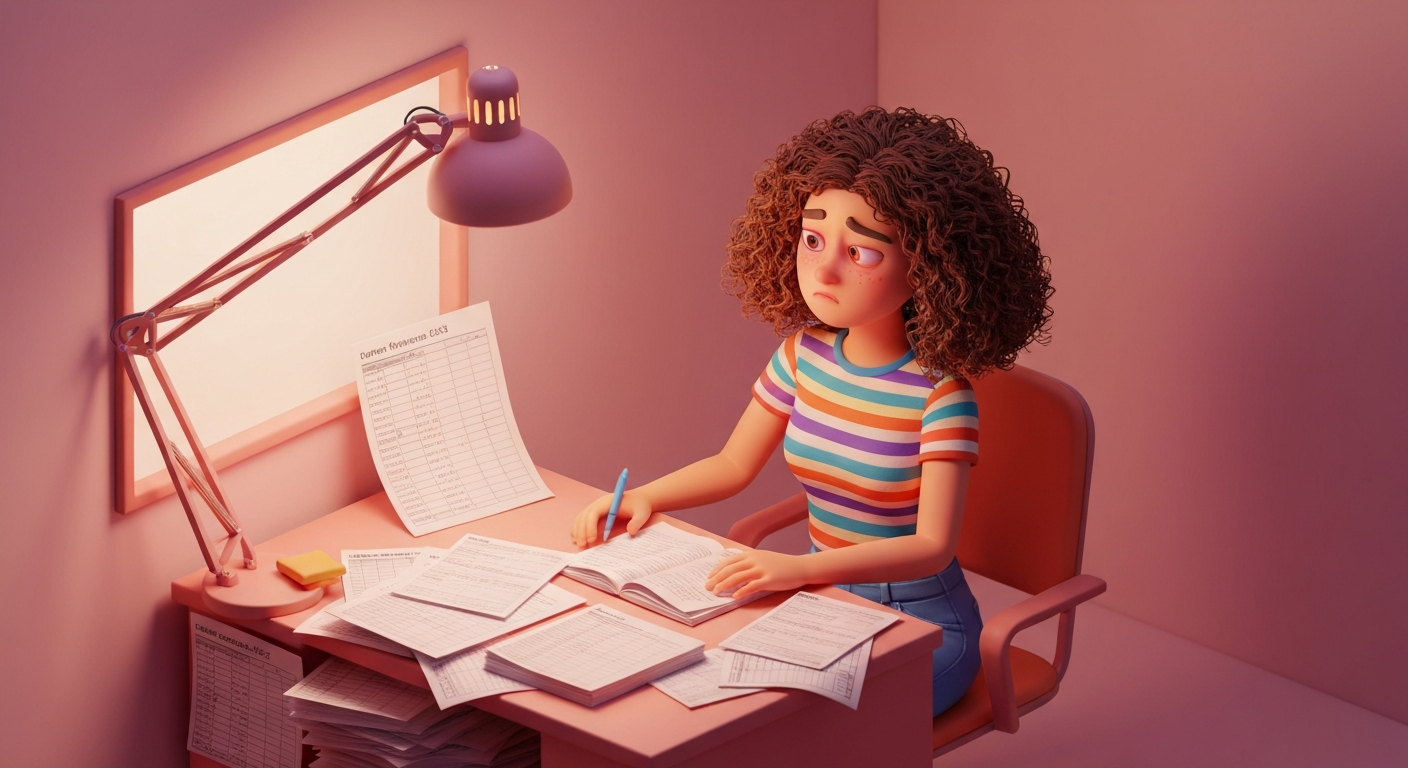 A stressed person sitting at a desk covered in papers , excel sheets