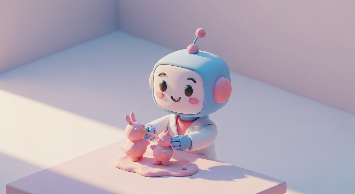 Cute 3D clay style, a robot building a figure, pastel colors