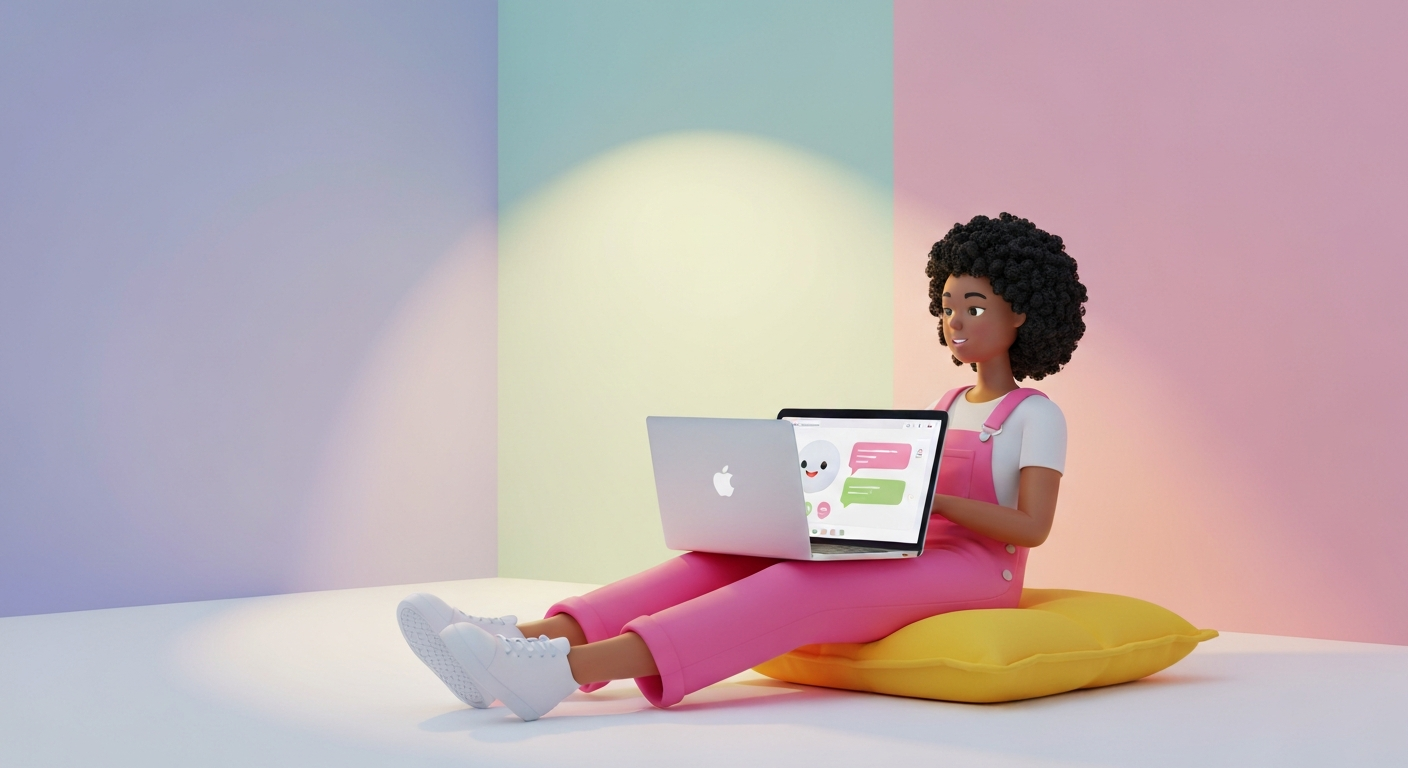 A person happily using ChatGPT on a laptop to gather information, pastel colors