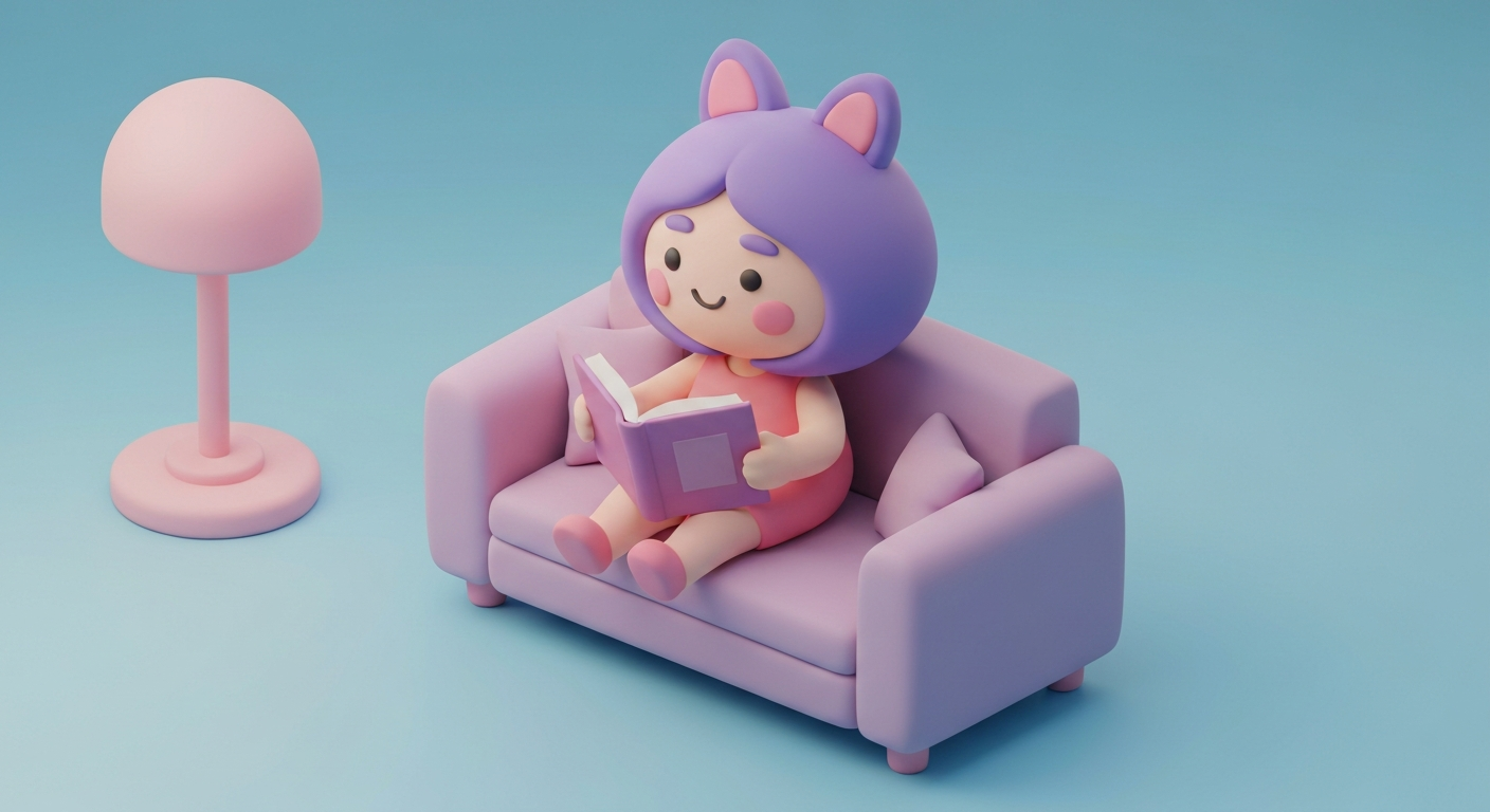 Cute 3D clay style, a man happily reading a book on a sofa, pastel colors