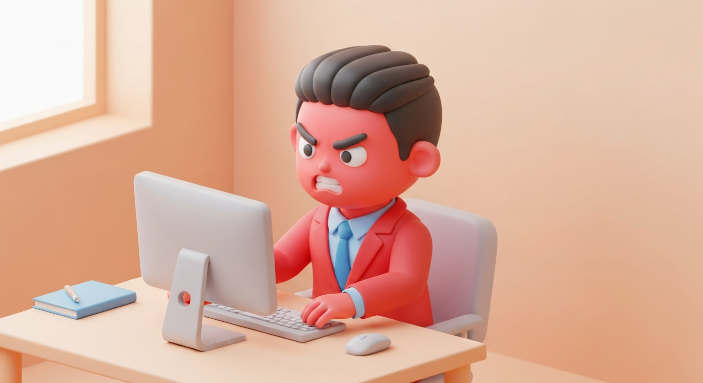 Cute 3D clay style, a businessman is angry at the computer, pastel colors