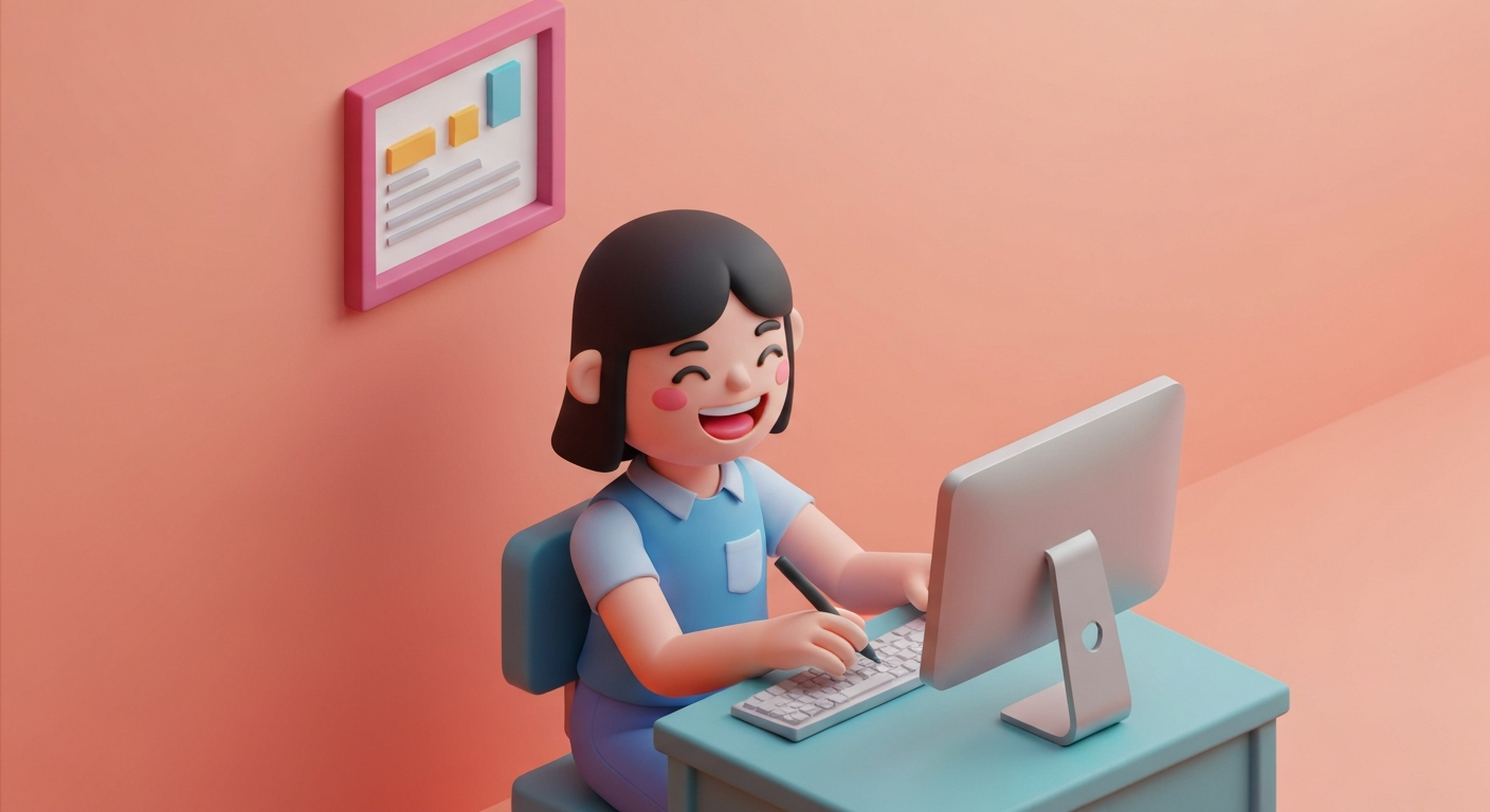 A person happily completing a report on a computer