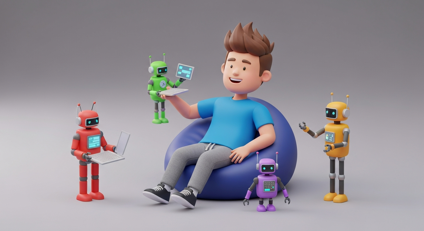 A smiling engineer relaxing, while robots manage tasks