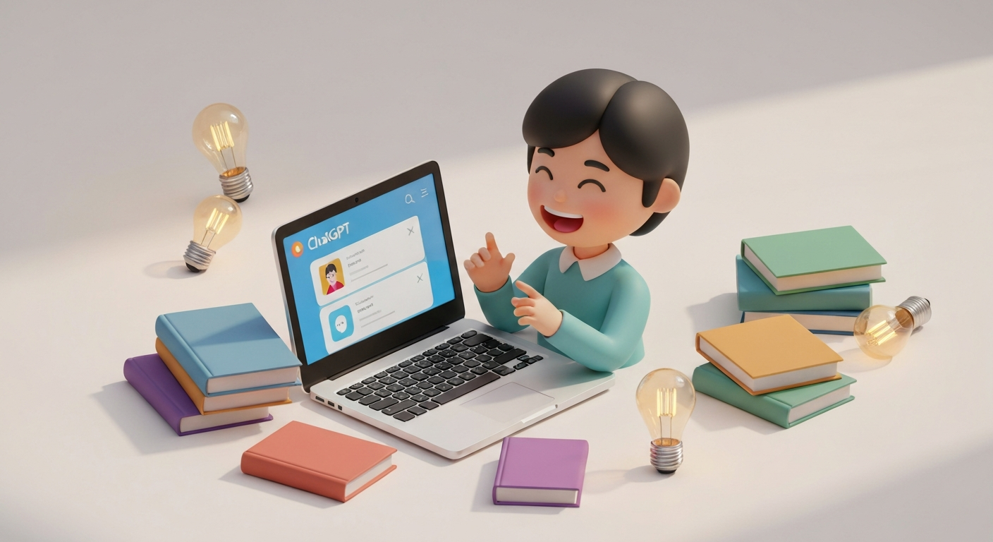 A cartoon-style person happily using ChatGPT on a laptop, surrounded by books , lightbulbs.