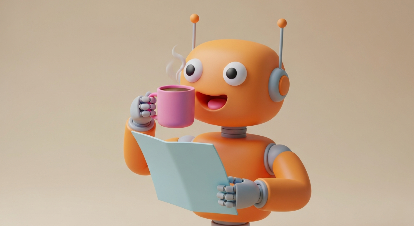 A robot happily drinking coffee while reading a scientific paper, minimalist