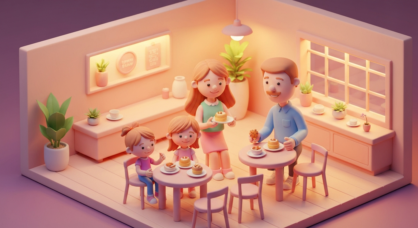 Cute 3D clay style, a family eating pastries at a cafe, pastel colors