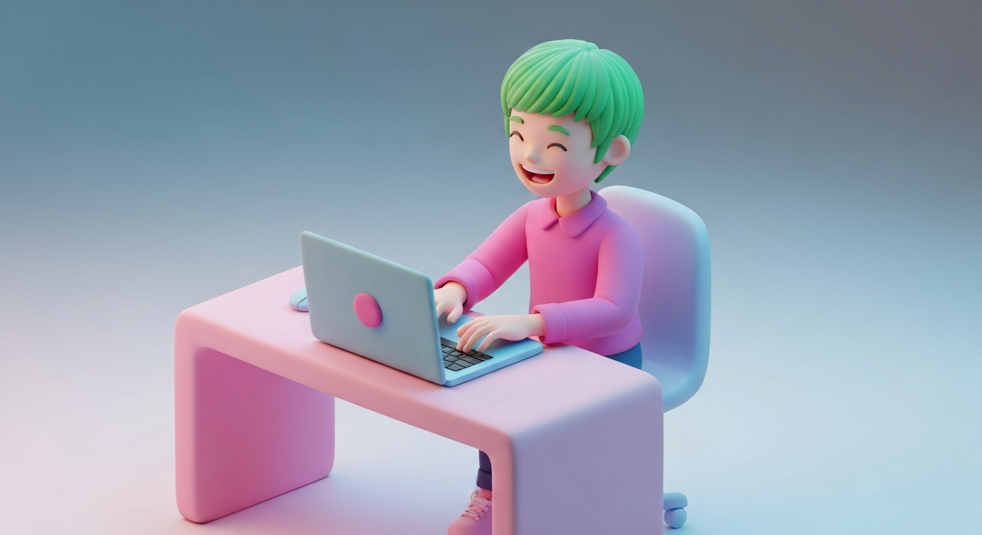 A person happily typing an email on a laptop.