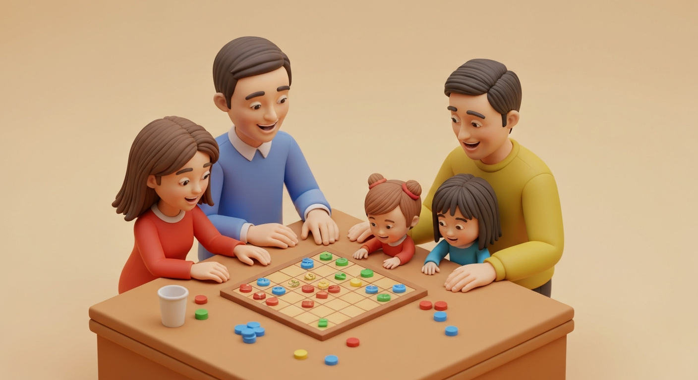 Close-up of a happy family playing a board game, cozy atmosphere