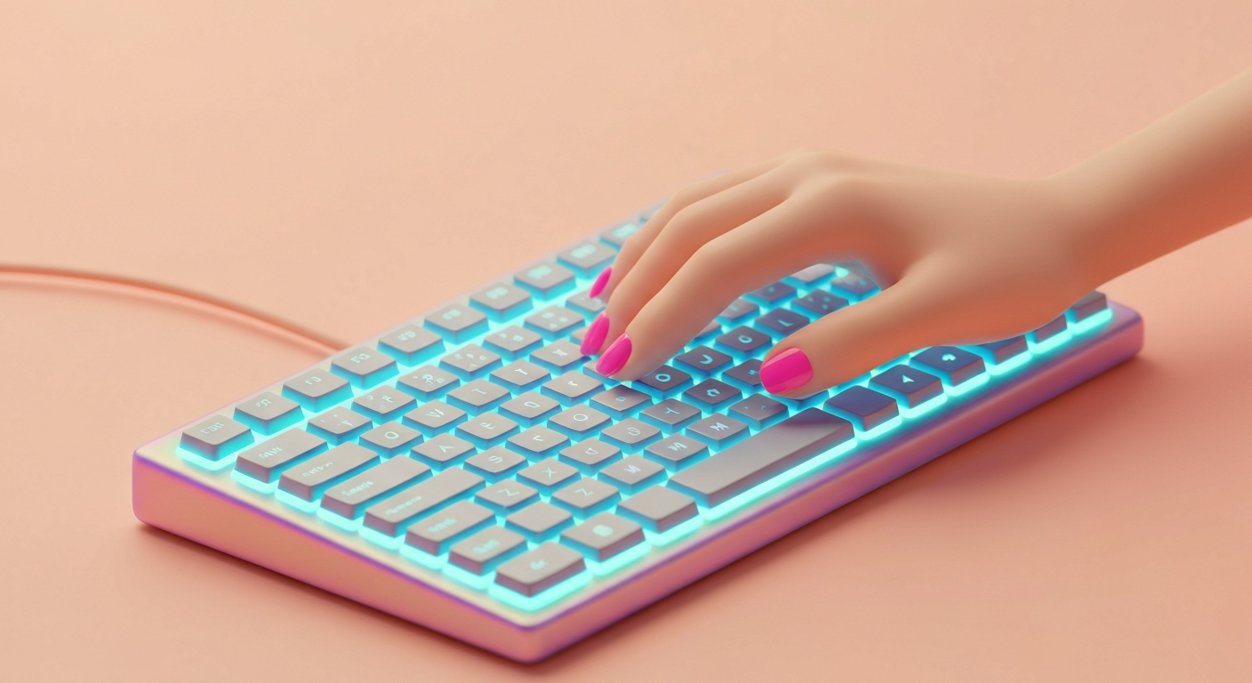 Close-up shot, a hand typing code on a glowing keyboard, soft focus background