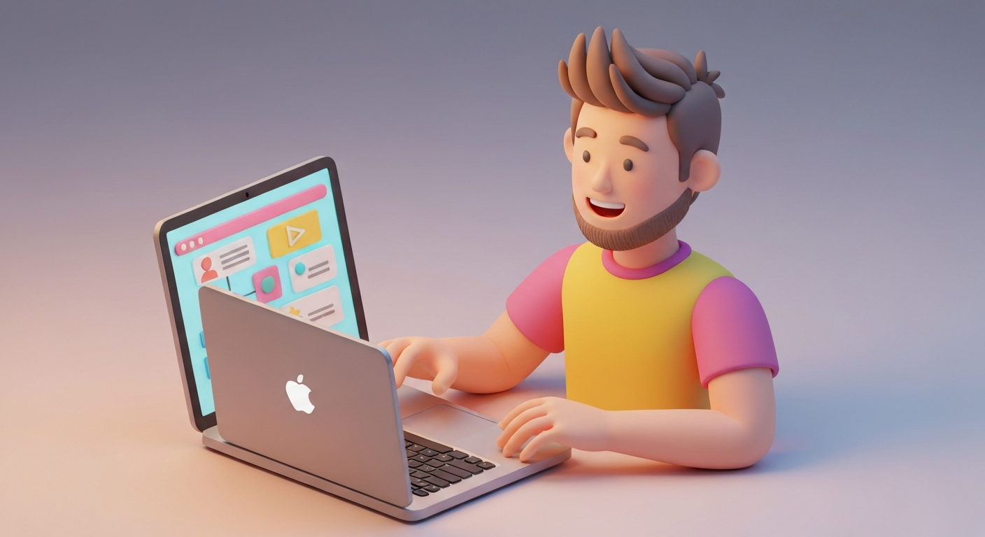 Man happily finding information on a laptop